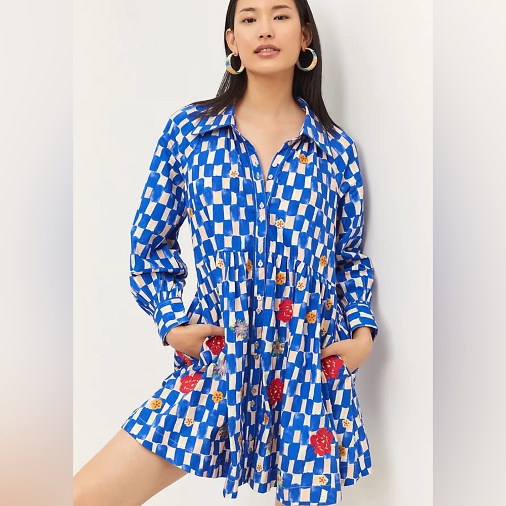Maeve by Anthropologie Blue and White Checkered floral embroidered Mini Dress